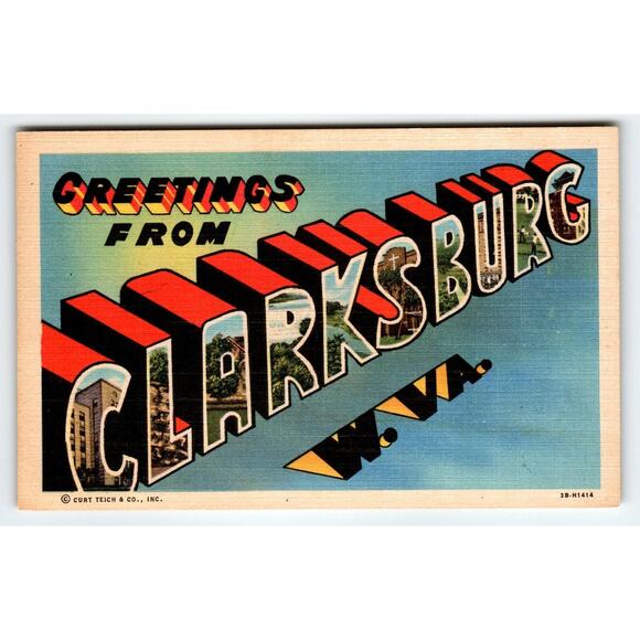 Greetings From Clarksburg West Virginia Large Letter Postcard Linen Curt Teich - Picture 1 of 4